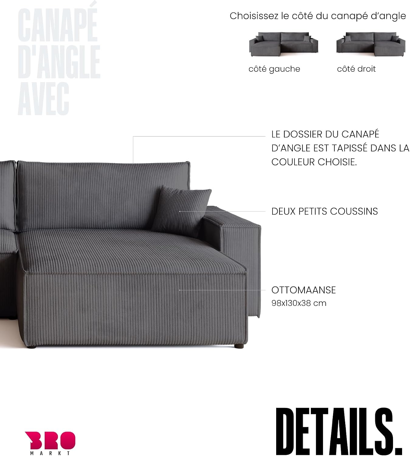 Canapé d'angle convertible BROMARKT ADI XL – 3 places – Velours côtelé vanille – Coffre de rangement