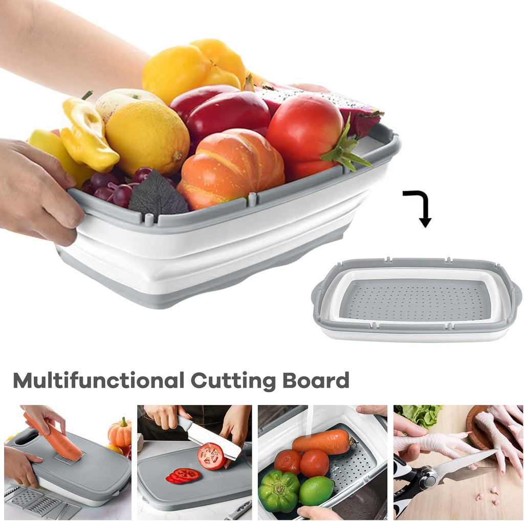 HI NINGER 9-in-1 multifunctionele snijplank, keuken met 5 groentesnijders en 2 messen, draagbare kunststof opvouwbare afvoermand voor camping, barbecue, outdoor
