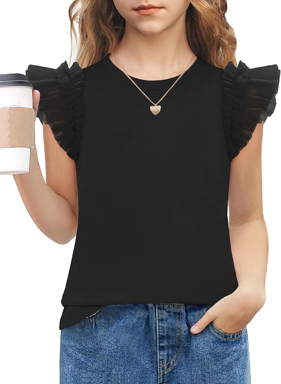 Arshiner T-shirt met kanten mouwen voor meisjes, zomertop, ronde hals, korte mouwen, casual, effen, 5-14 jaar