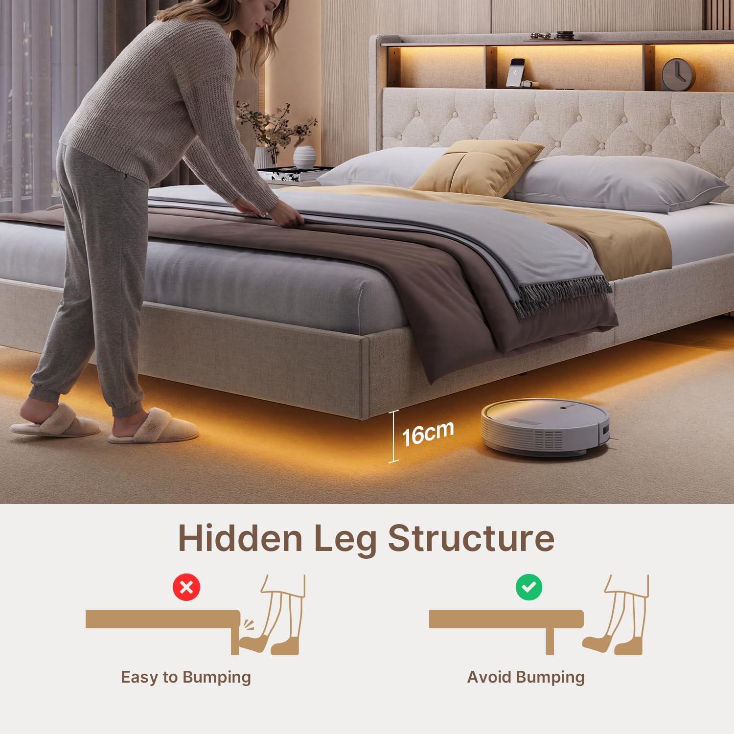 Lit Double 160 x 200 cm avec Éclairage LED & Prise Intégrée – Tête de Lit Capitonnée avec Rangement – Effet Flottant – Beige