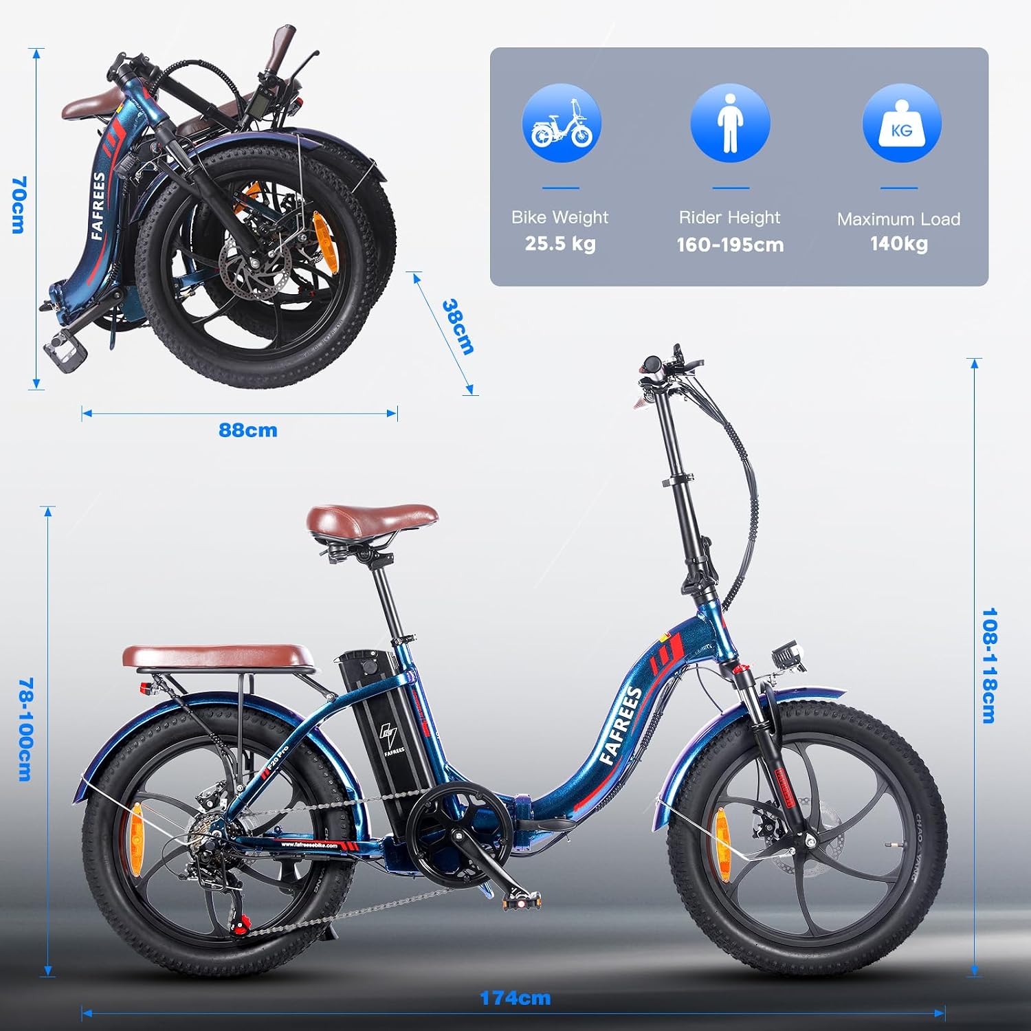 Fafrees F20 PRO E Bike Vélo pliant 20" [officiel] 20 Ah/25 Ah 36 V Batterie VTT électrique pour adultes Pedelec Ebike 140 kg Vélo électrique 250 W E Fatbike 20°