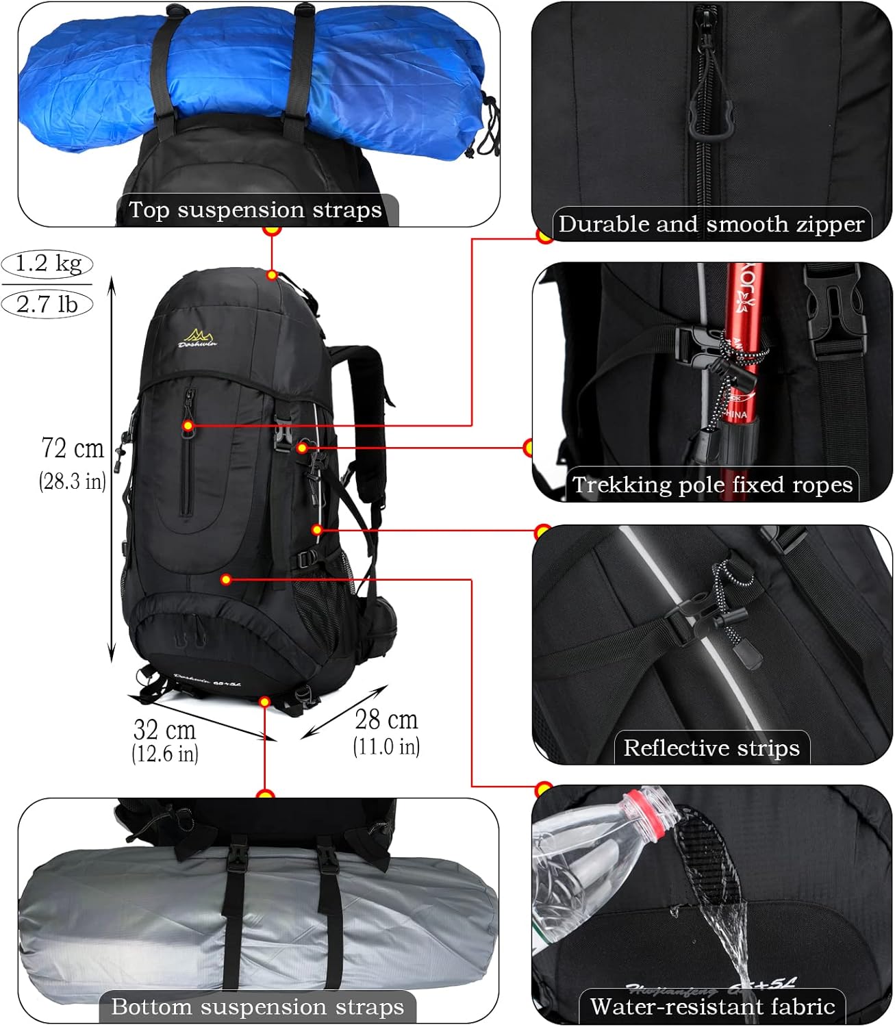 70 l rugzak, trekking, kamperen, reizen, wandelen, groot, voor heren en dames