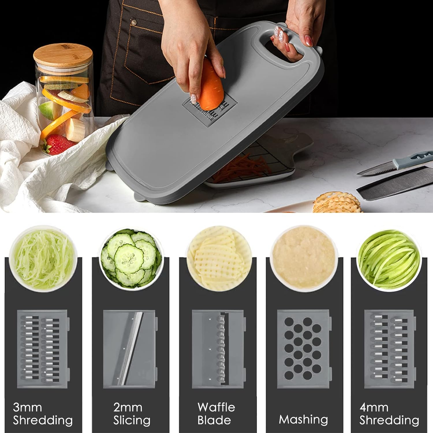 HI NINGER 9-in-1 multifunctionele snijplank, keuken met 5 groentesnijders en 2 messen, draagbare kunststof opvouwbare afvoermand voor camping, barbecue, outdoor