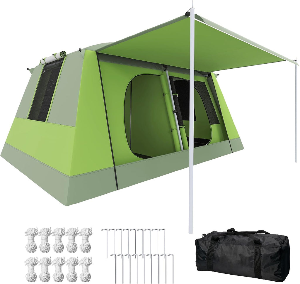 Outsunny Campingtent met veranda voor 4 personen, familietent, licht, draagbaar, eenvoudig te installeren, draagtas en haak, voor reizen, wandelen, 405 x 305 x 225 cm, groen