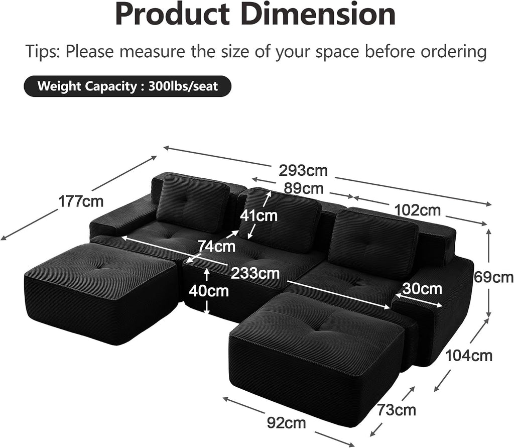 Canapé modulable en L Bladez – 3+1 places – Tissu côtelé kaki clair – Assise profonde