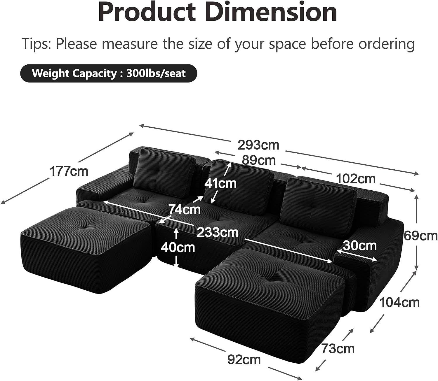 Canapé modulable en L Bladez – 3+1 places – Tissu côtelé kaki clair – Assise profonde