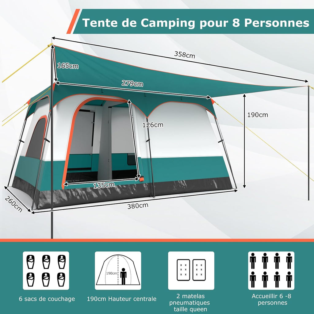 GYMAX Grote campingtent met luifel, 2 aparte slaapkamers, dakraam, afneembaar regenzeil, deuren en ramen, oprolbaar, voor buiten, concerten, picknick