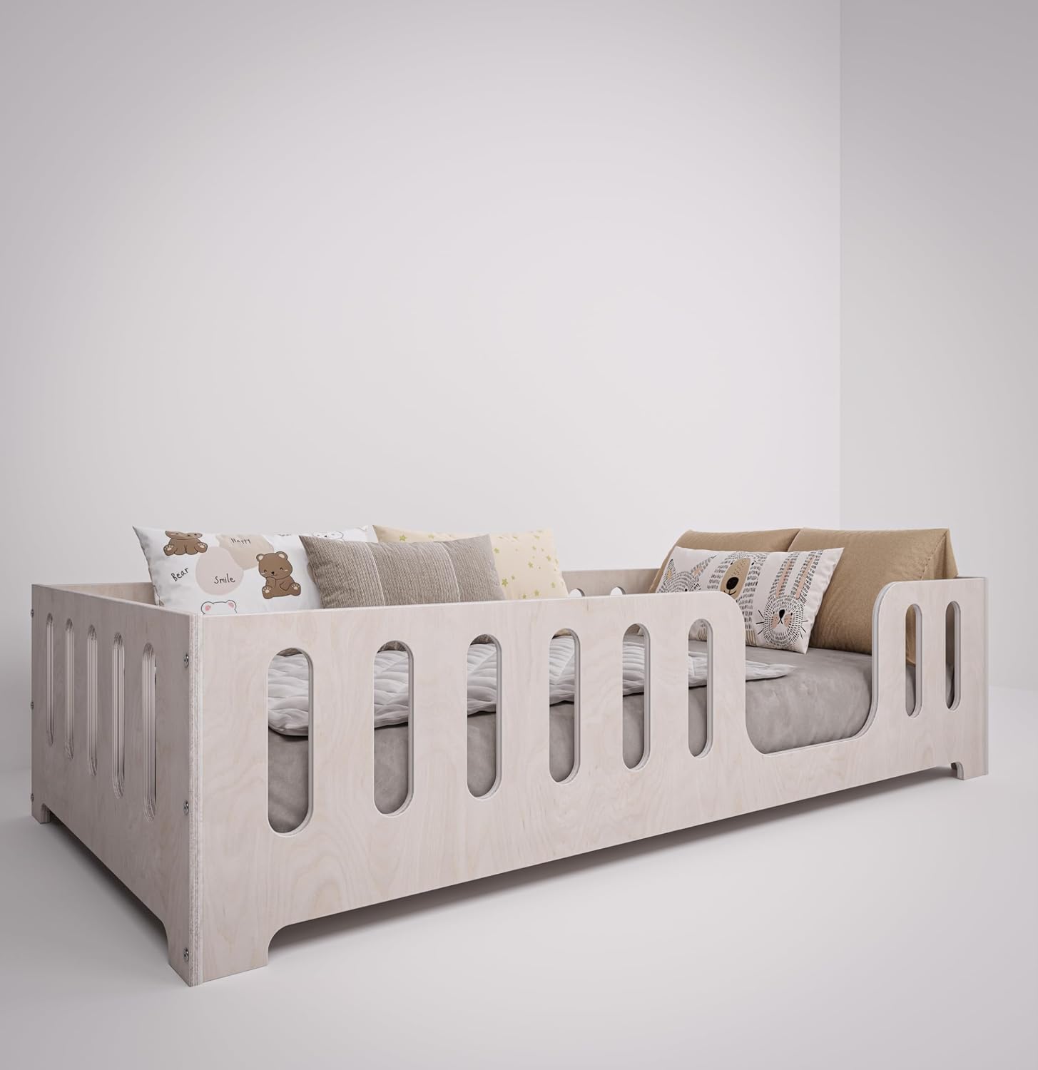 Lit Montessori Enfant 90 x 200 cm – Bois de Hêtre Naturel – Barrière de Sécurité & Sommier à Lattes