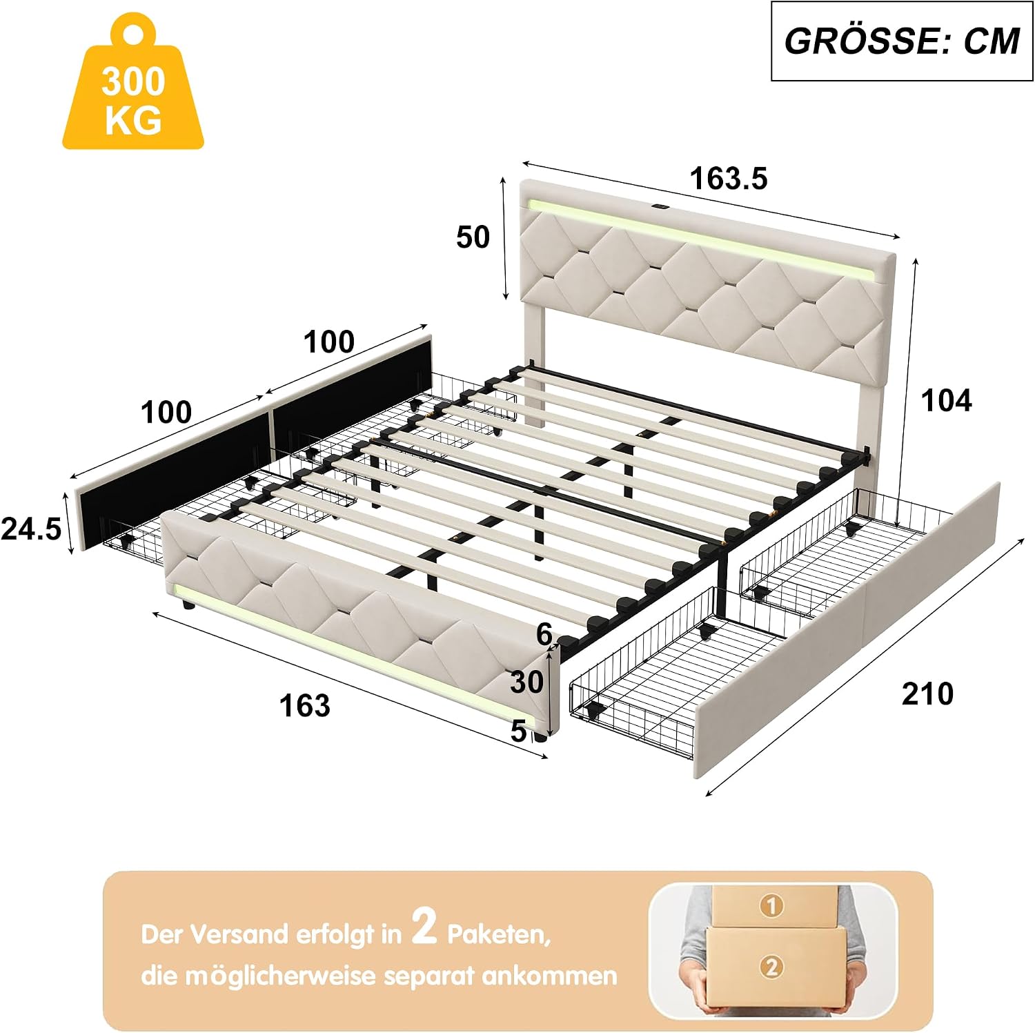 Lit Double 140x200 cm – 4 Tiroirs de Rangement, Éclairage LED +6000 Couleurs & Tête de Lit Réglable en PU