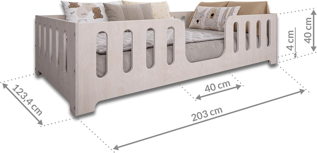 Lit Montessori Enfant 90 x 200 cm – Bois de Hêtre Naturel – Barrière de Sécurité & Sommier à Lattes