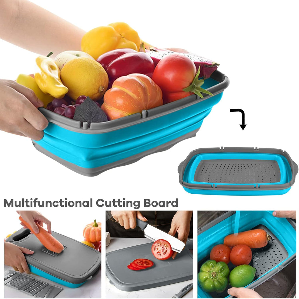 HI NINGER 9-in-1 multifunctionele snijplank, keuken met 5 groentesnijders en 2 messen, draagbare kunststof opvouwbare afvoermand voor camping, barbecue, outdoor