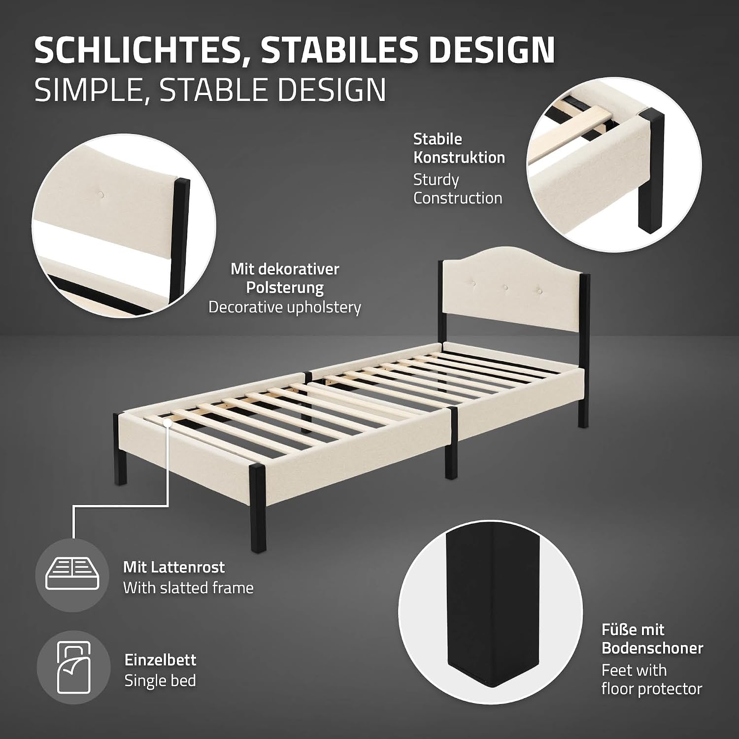 Lit Rembourré ML-Design | Cadre en Acier, Sommier à Lattes, Tête de Lit | Tissu Lin Beige ou Gris | 90/140/160/180 x 200 cm