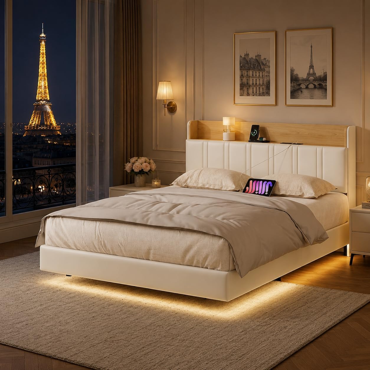 Lit Coffre LED RGB & Port USB | Rangement Hydraulique | Tête de Lit Rembourrée avec Étagères | 90 à 160 x 200 cm