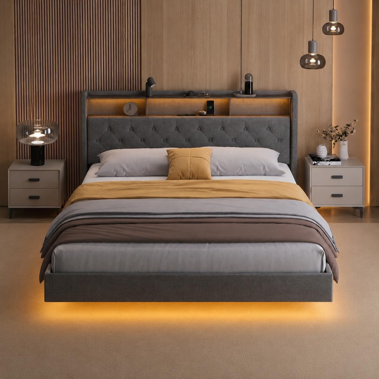 Lit Double 160 x 200 cm avec Éclairage LED & Prise Intégrée – Tête de Lit Capitonnée avec Rangement – Effet Flottant – Beige