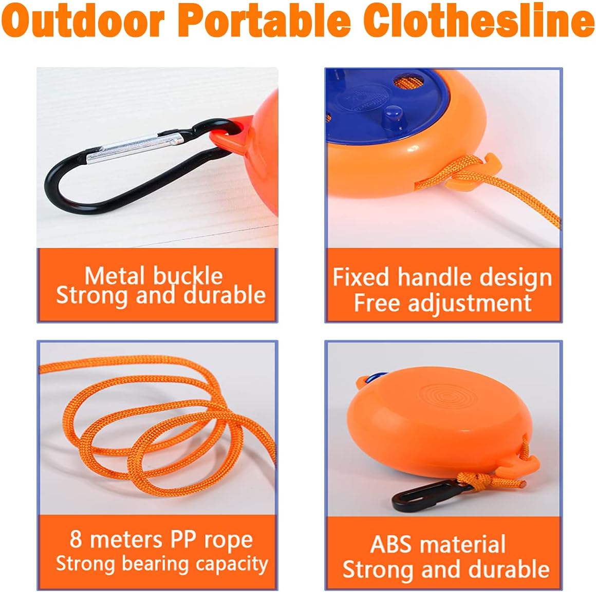 Intrekbare waslijn voor camping, outdoor, reizen, 10 m, met 10 winddichte wasknijpers