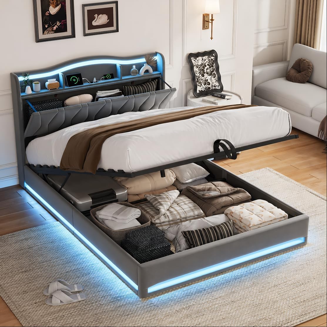 Lit Coffre BRILVERDE | LED RGB & Port USB | Sommier à Lattes | Tissu Lin | 90 à 160 x 200 cm
