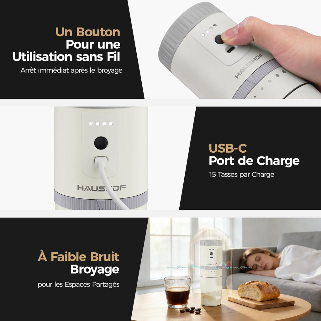HAUSHOF Draagbare alles-in-één koffiezetapparaat met geïntegreerde molen, 5 maalinstellingen, USB-C oplaadbaar, 300 ml, ideaal voor reizen en kamperen, zwart