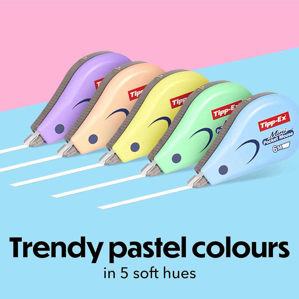 Tipp-Ex Mini Pocket Mouse Pastel Correction Tape (6 m x 5 mm) - 5 Pastel Colours and 1 Transparent, Pack of 6