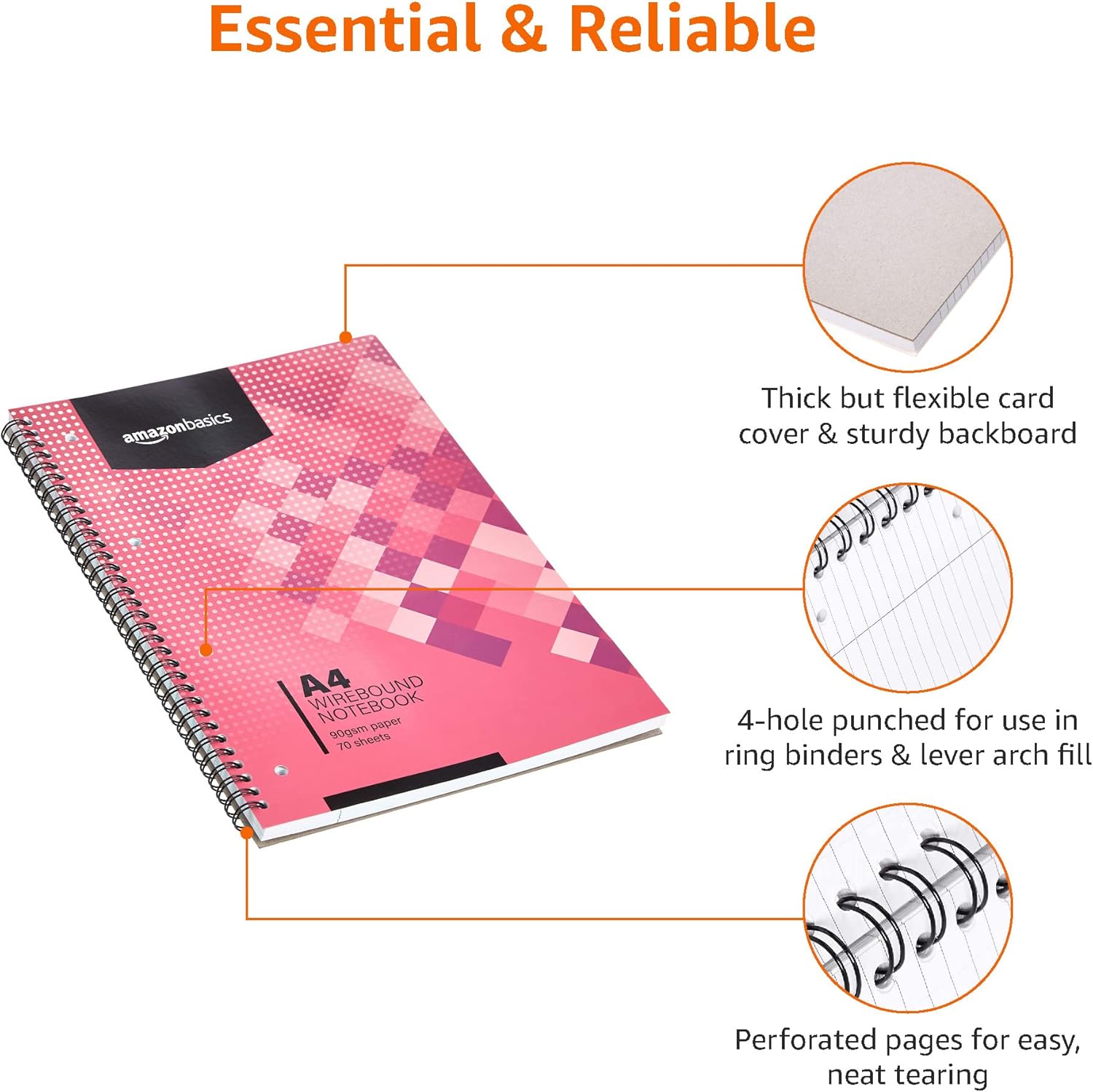 Amazon Basics Spiraalbinding, A4, 70 vellen, 140 vellen, 90 g/m², diverse kleuren, 5 stuks