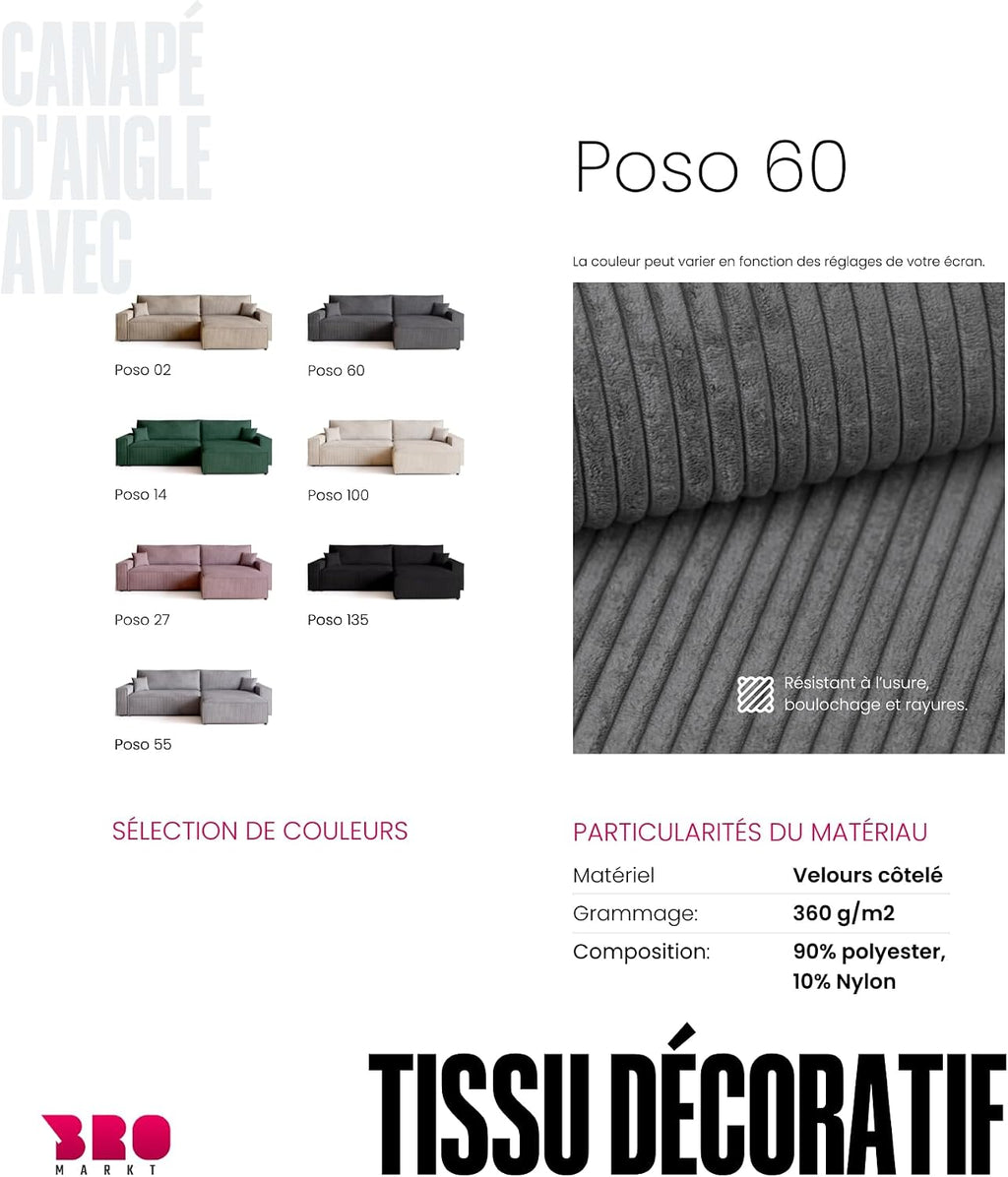 Canapé d'angle convertible BROMARKT ADI XL – 3 places – Velours côtelé vanille – Coffre de rangement