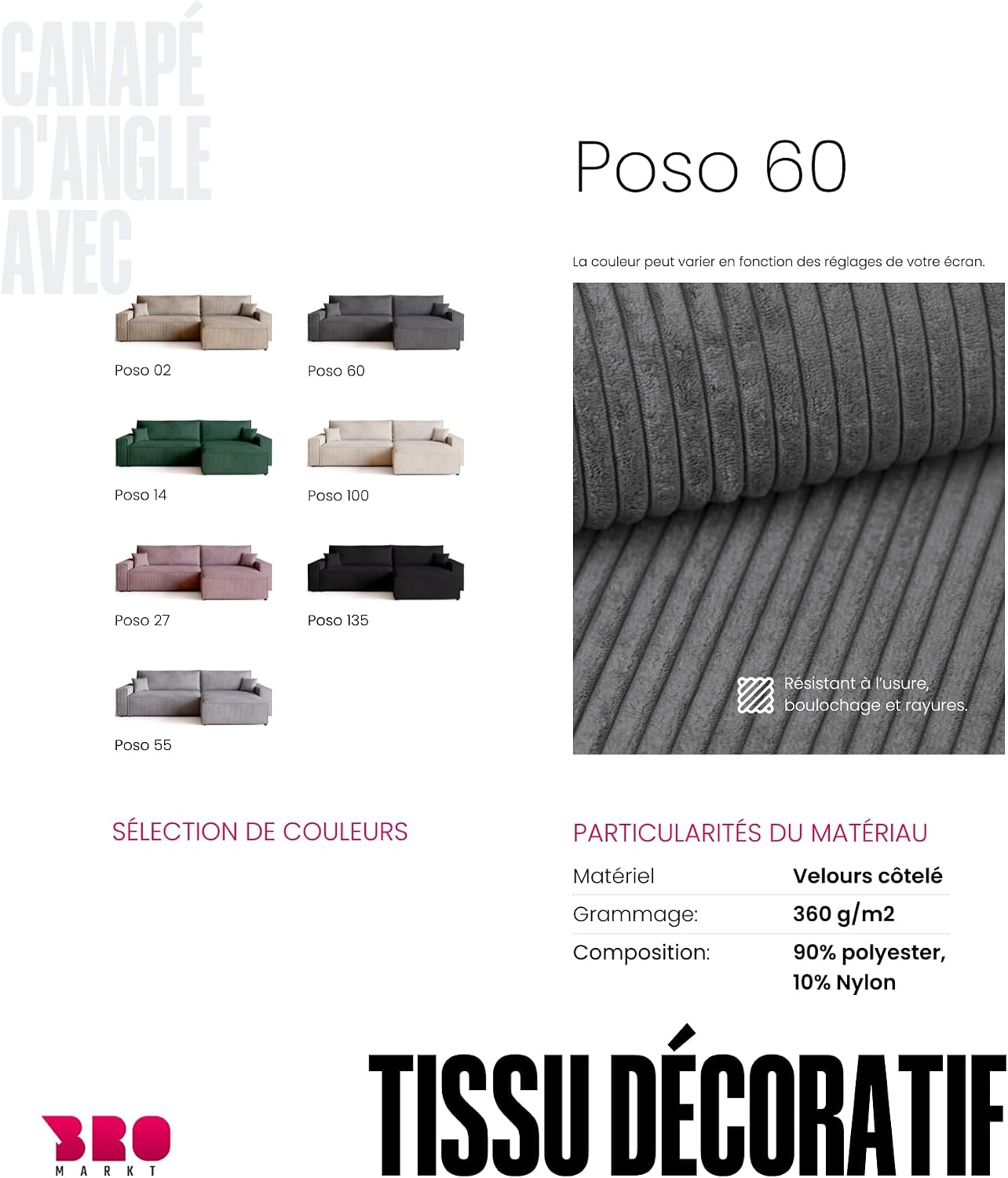 Canapé d'angle convertible BROMARKT ADI XL – 3 places – Velours côtelé vanille – Coffre de rangement