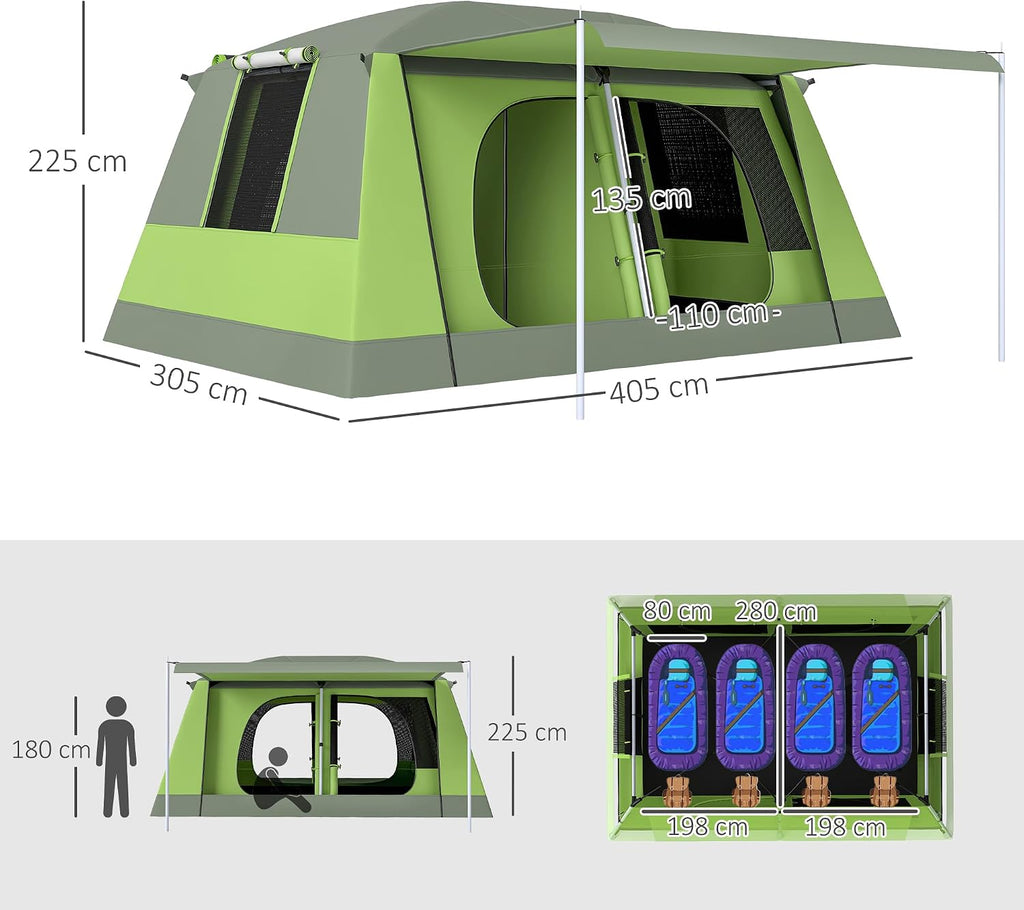 Outsunny Campingtent met veranda voor 4 personen, familietent, licht, draagbaar, eenvoudig te installeren, draagtas en haak, voor reizen, wandelen, 405 x 305 x 225 cm, groen