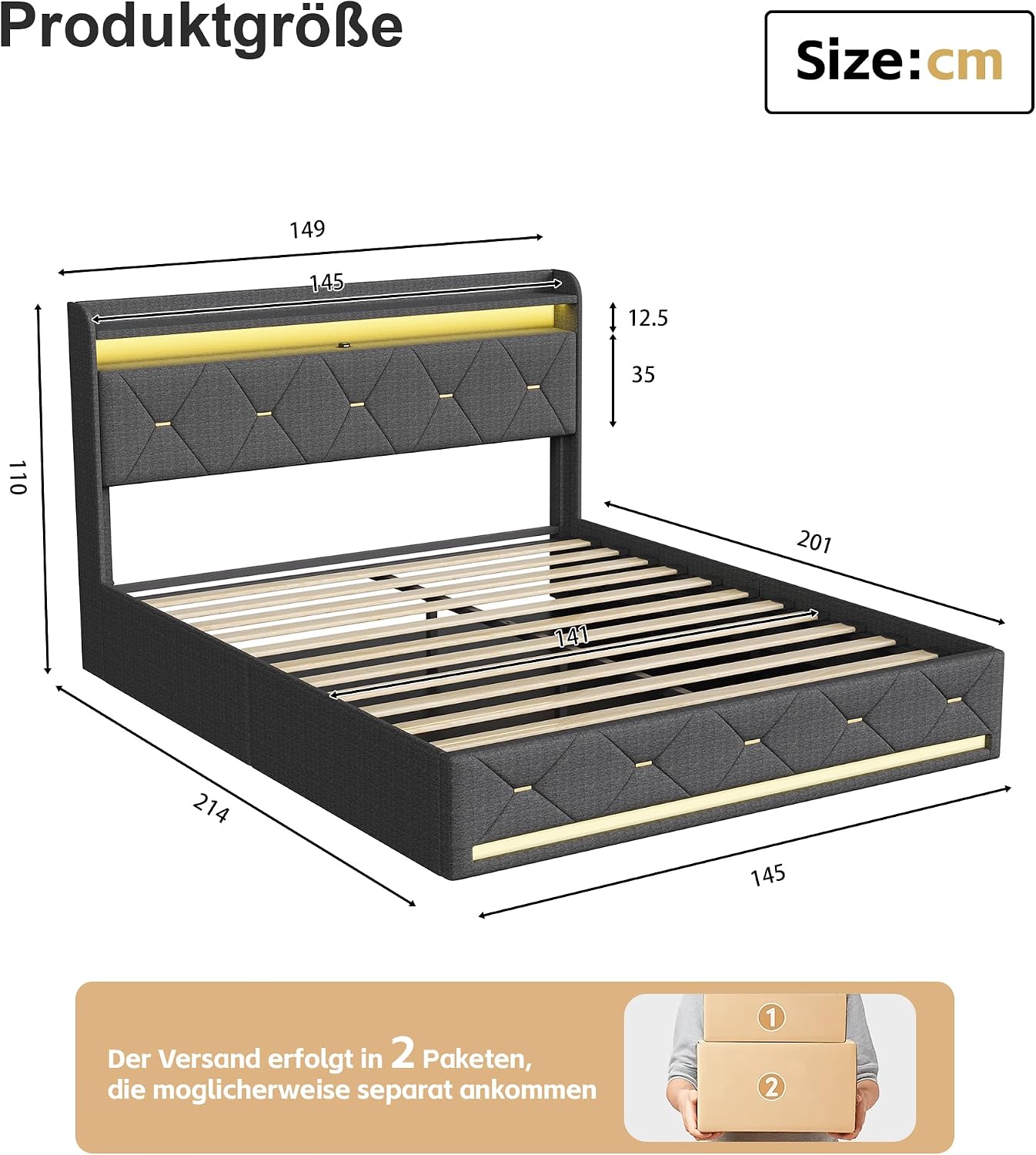 Lit Coffre BRILVERDE | LED RGB & Port USB | Sommier à Lattes | Tissu Lin | 90 à 160 x 200 cm