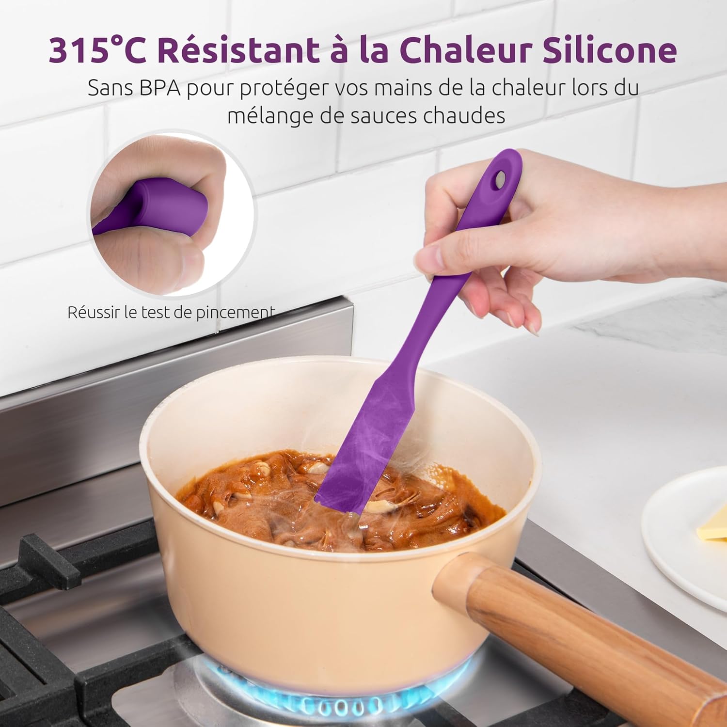 Spatule Silicone U-Taste – Embout Cuillère, Cœur Acier Inox, Résistante 315°C, 24,5 cm, Noir