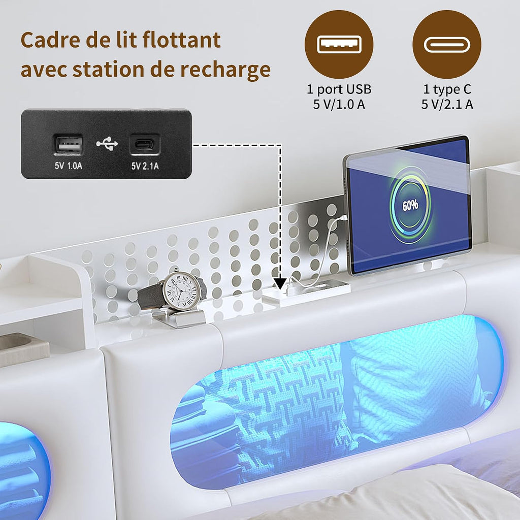 Lit Coffre LED RGB & Port USB | Rangement Hydraulique | Tête de Lit Rembourrée avec Étagères | 90 à 160 x 200 cm