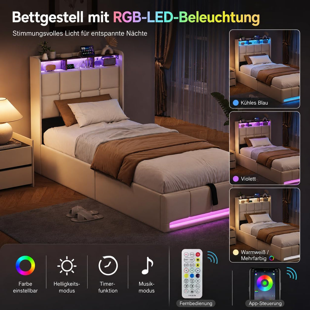 Lit Coffre BRILVERDE | LED RGB & Port USB | Sommier à Lattes | Tissu Lin | 90 à 160 x 200 cm