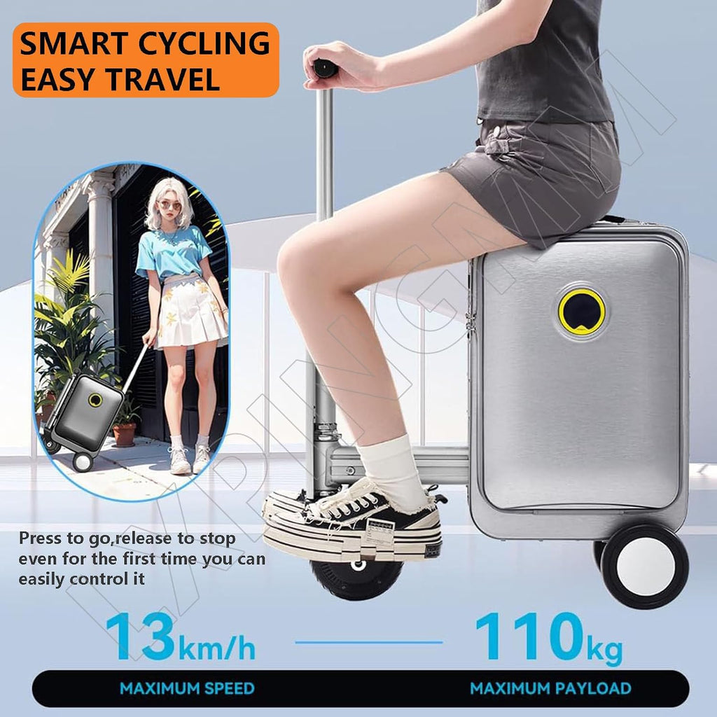 Valise électrique avec chargement USB, verrouillage TSA et fonction avant/arrière pour voyage intelligent, Argenté.