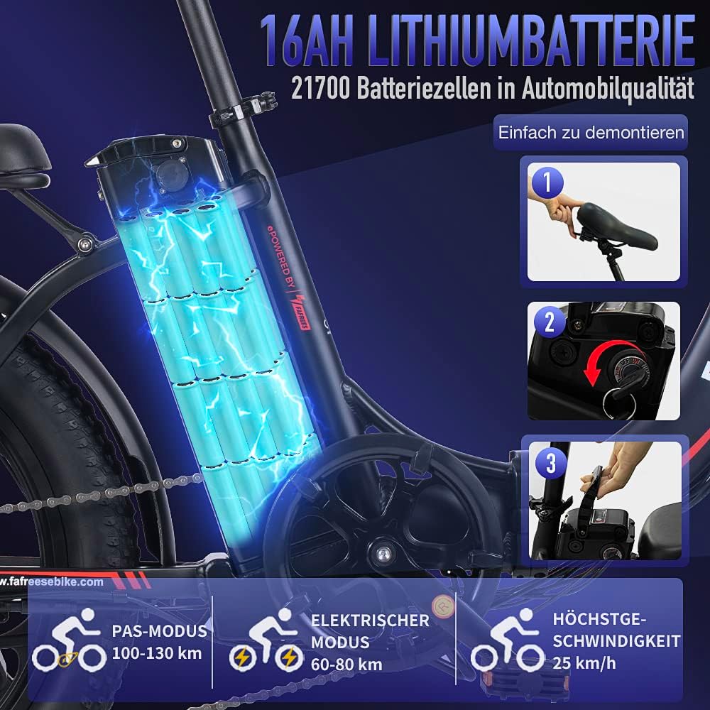 Fafrees F20 Elektrische vouwfiets 36 V 16 Ah accu 20 x 3,0 inch elektrische fiets bereik tot 60-130 km, 250 W Fatbike, Pedelec 25 km/u, opvouwbare elektrische fiets voor dames en heren