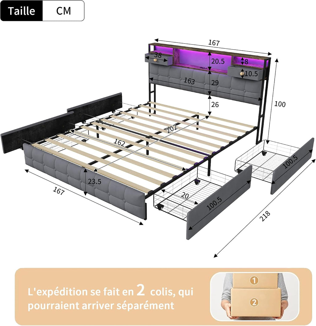 Lit Double 140x200 cm – 4 Tiroirs de Rangement, Éclairage LED +6000 Couleurs & Tête de Lit Réglable en PU