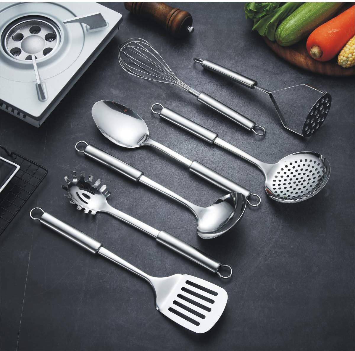Set d'Ustensiles de Cuisine Berglander 13 Pièces — Inox Poli Miroir avec Support