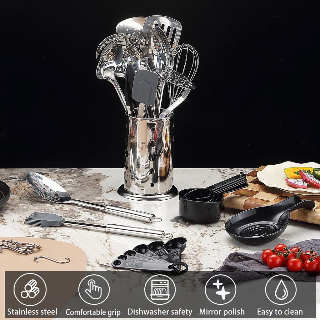 Set d'Ustensiles de Cuisine 39 Pièces ReaNea – Acier Inox, Porte-ustensiles Inclus, Lave-vaisselle