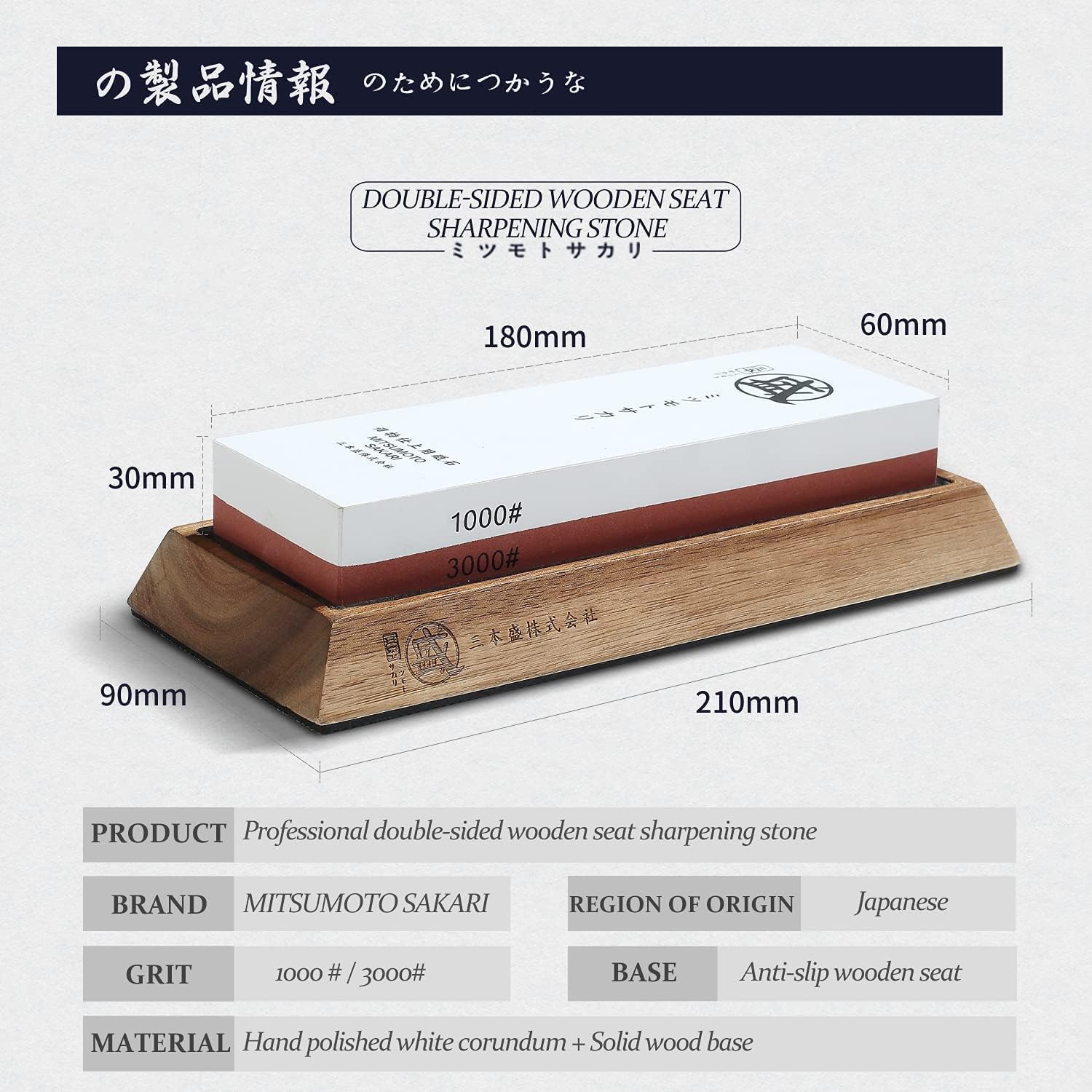 Pierre à Aiguiser MITSUMOTO SAKARI 1000/3000 Grit – Double Face, Socle Antidérapant