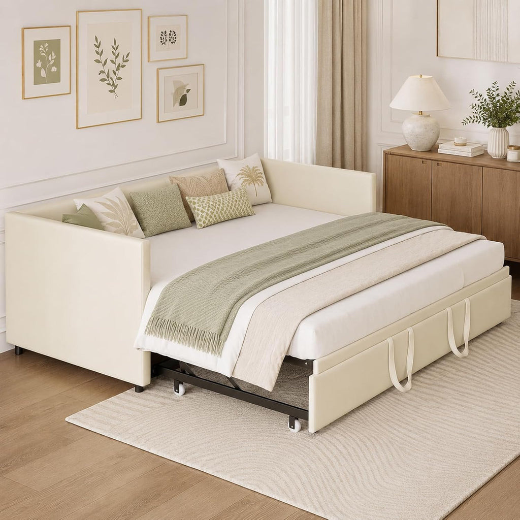 Canapé-Lit Convertible LKPOMI 2 Places — Velours Beige, Lit 180x200 cm