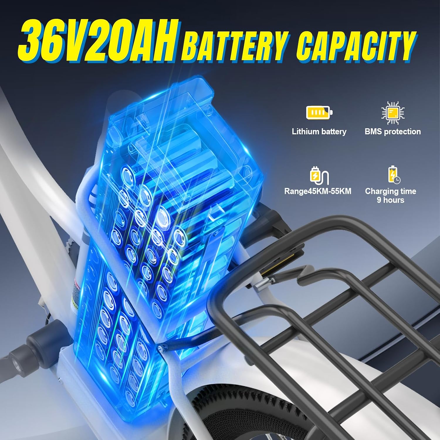 Vélo électrique pour homme et femme 26 pouces, E-Bike City avec moteur 250 W et batterie 36 V 20 Ah, autonomie 120 km, changement 7 vitesses, freins à disque, vélo électrique économique
