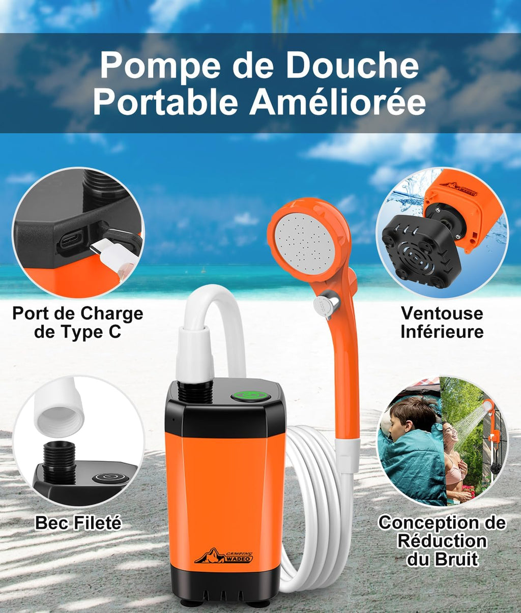 WADEO Campingdoucheset, oplaadbare elektrische douchepomp, douchekop met intelligente temperatuurweergave en instelbare waterdruk