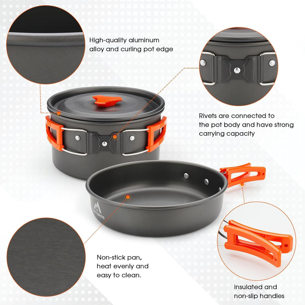 THTYBROS 17-delig kampeerkookgerei van hard geanodiseerd aluminium met 2 kopjes, borden, bestek voor wandelen, picknick