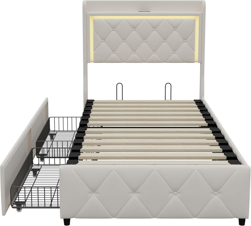 Lit Coffre Capitonné 140 x 200 cm – Tête de Lit Hydraulique & Sommier à Lattes – Flanelle Blanc Cassé