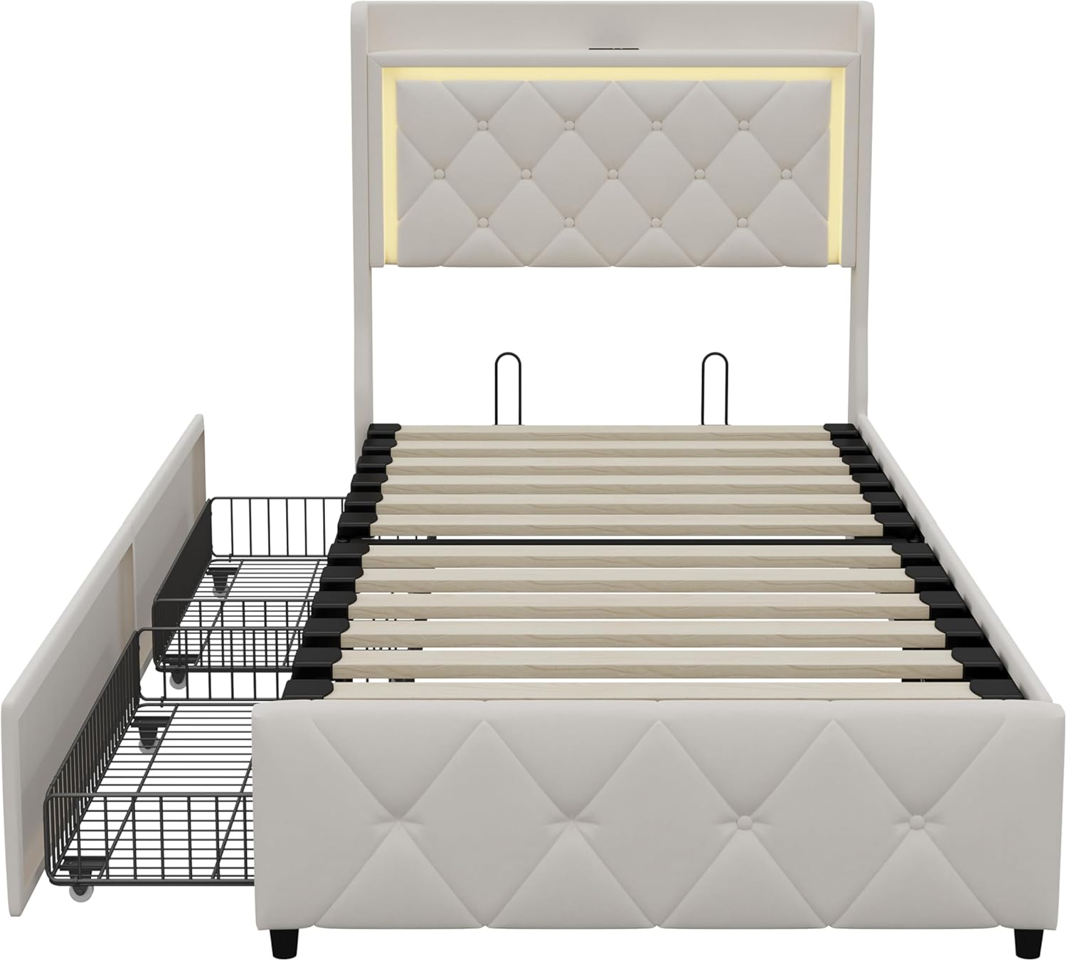 Lit Coffre Capitonné 140 x 200 cm – Tête de Lit Hydraulique & Sommier à Lattes – Flanelle Blanc Cassé