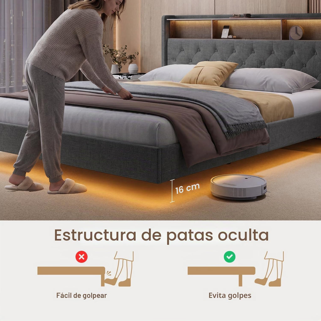 Lit Double 160 x 200 cm avec Éclairage LED & Prise Intégrée – Tête de Lit Capitonnée avec Rangement – Effet Flottant – Beige