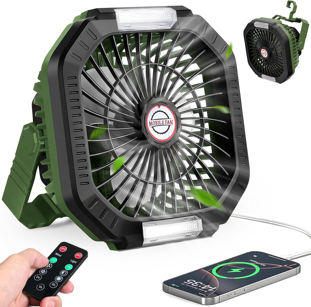 Campingventilator, 7800 mAh, draagbaar, oplaadbaar, met ledlamp, 4 ventilatiesnelheden, met afstandsbediening, voor kamperen in de open lucht, strand en reistenten