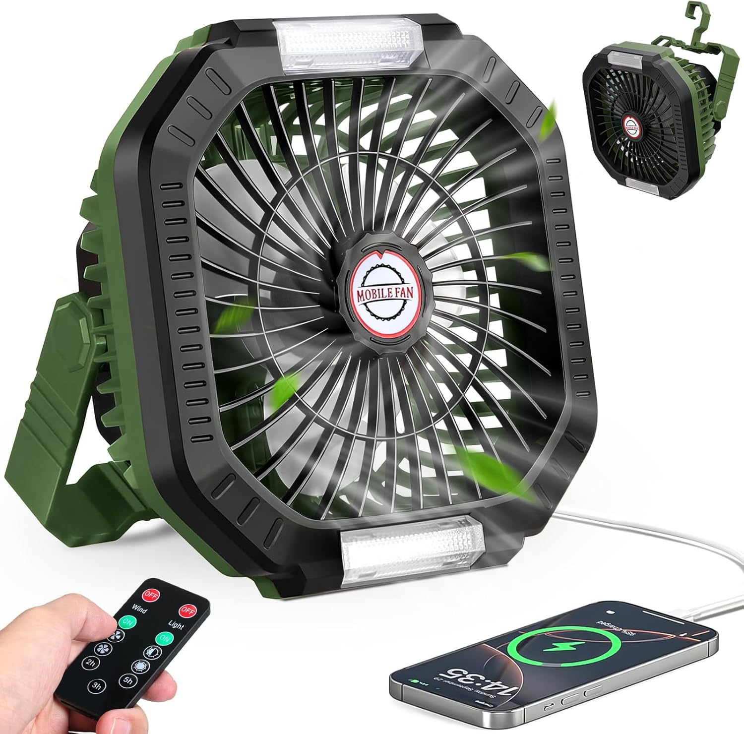 Campingventilator, 7800 mAh, draagbaar, oplaadbaar, met ledlamp, 4 ventilatiesnelheden, met afstandsbediening, voor kamperen in de open lucht, strand en reistenten