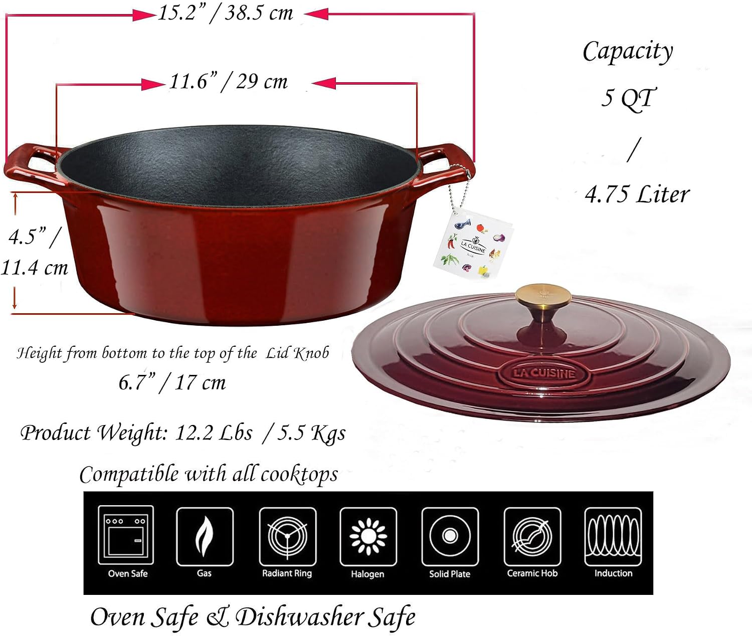 Cocotte Ovale en Fonte Émaillée La Cuisine – 5 L, Canneberge, Bouton Doré, Induction