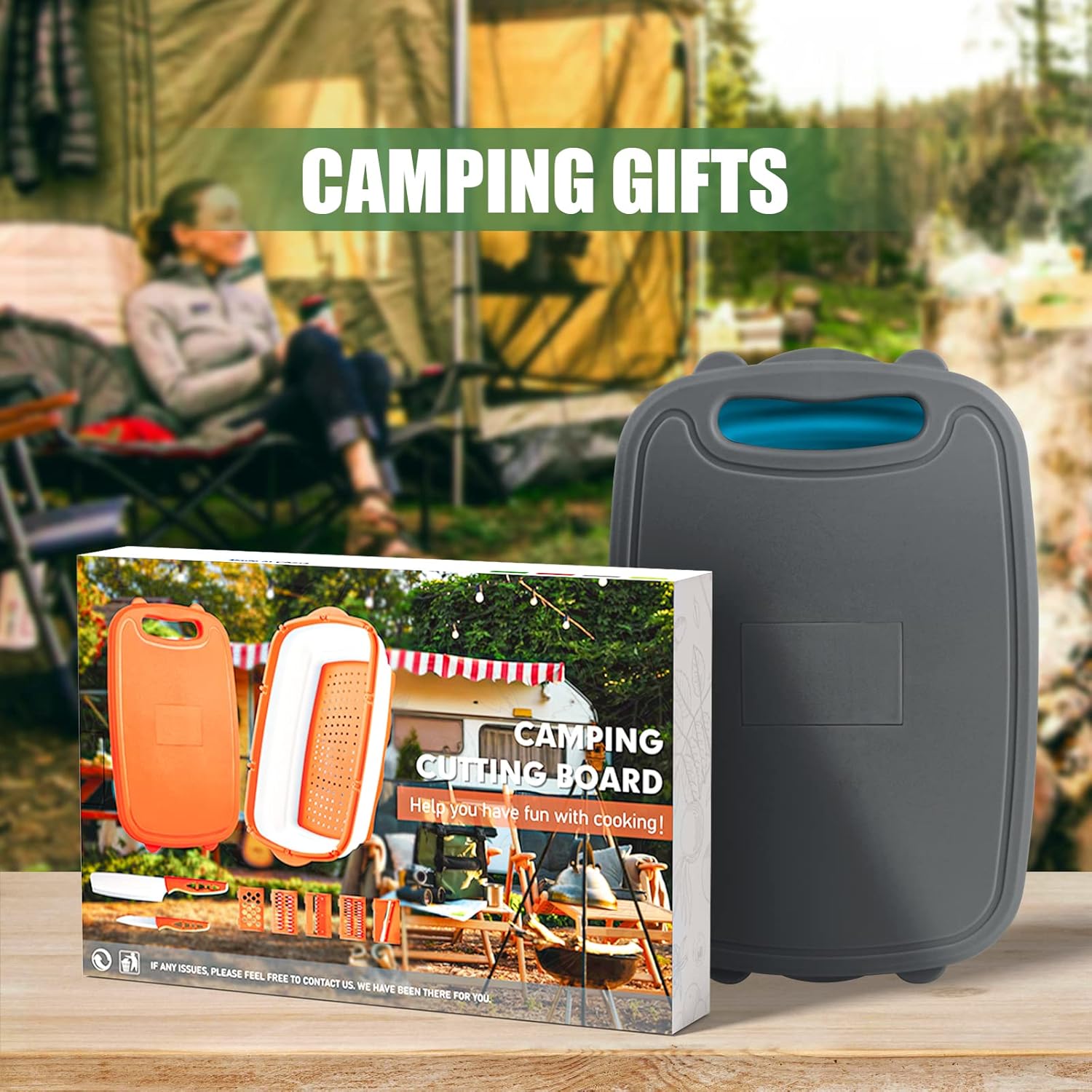 HI NINGER 9-in-1 multifunctionele snijplank, keuken met 5 groentesnijders en 2 messen, draagbare kunststof opvouwbare afvoermand voor camping, barbecue, outdoor