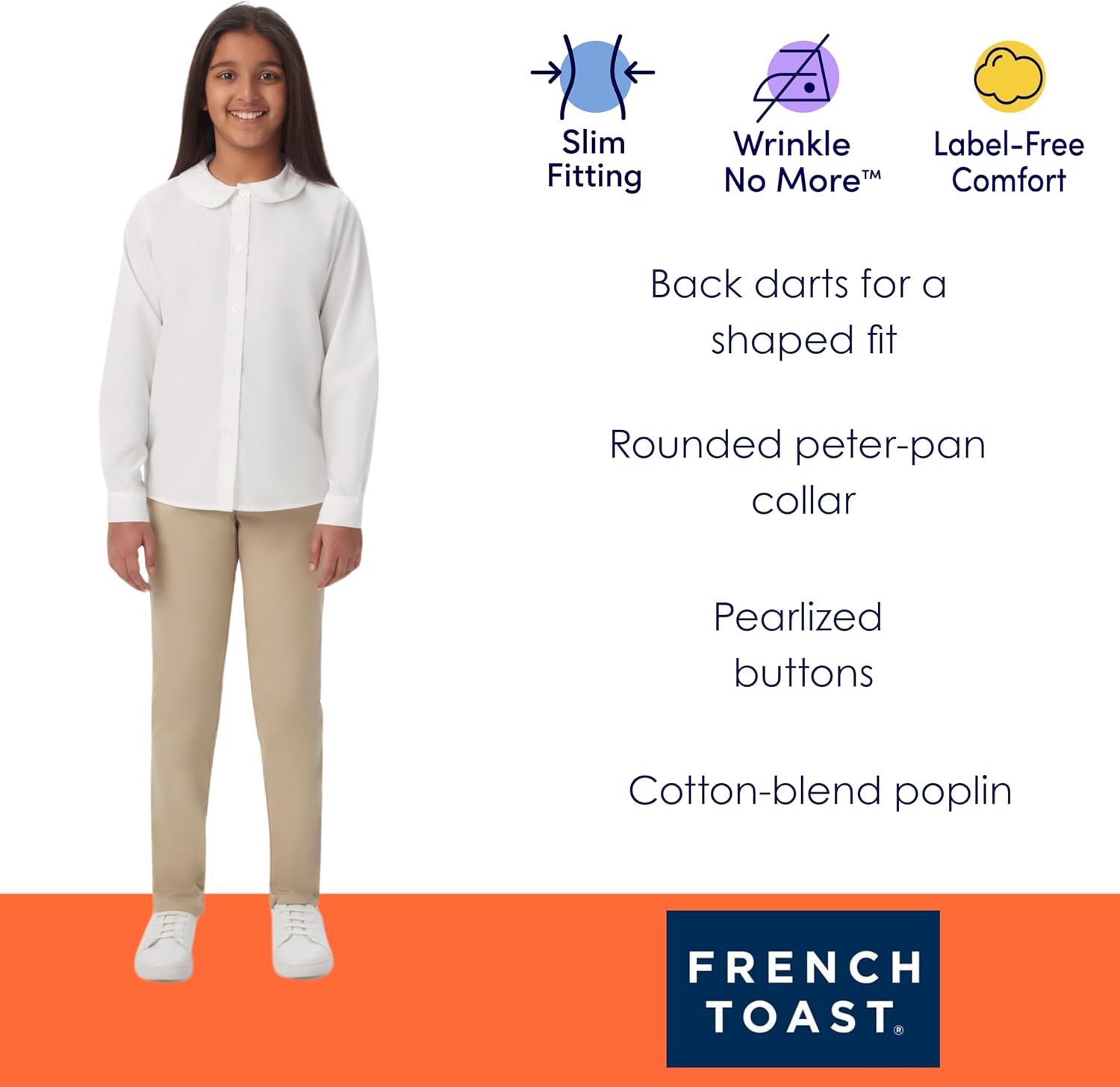 French Toast Claudine kraag geweven blouse met lange mouwen voor meisjes, wit, 12