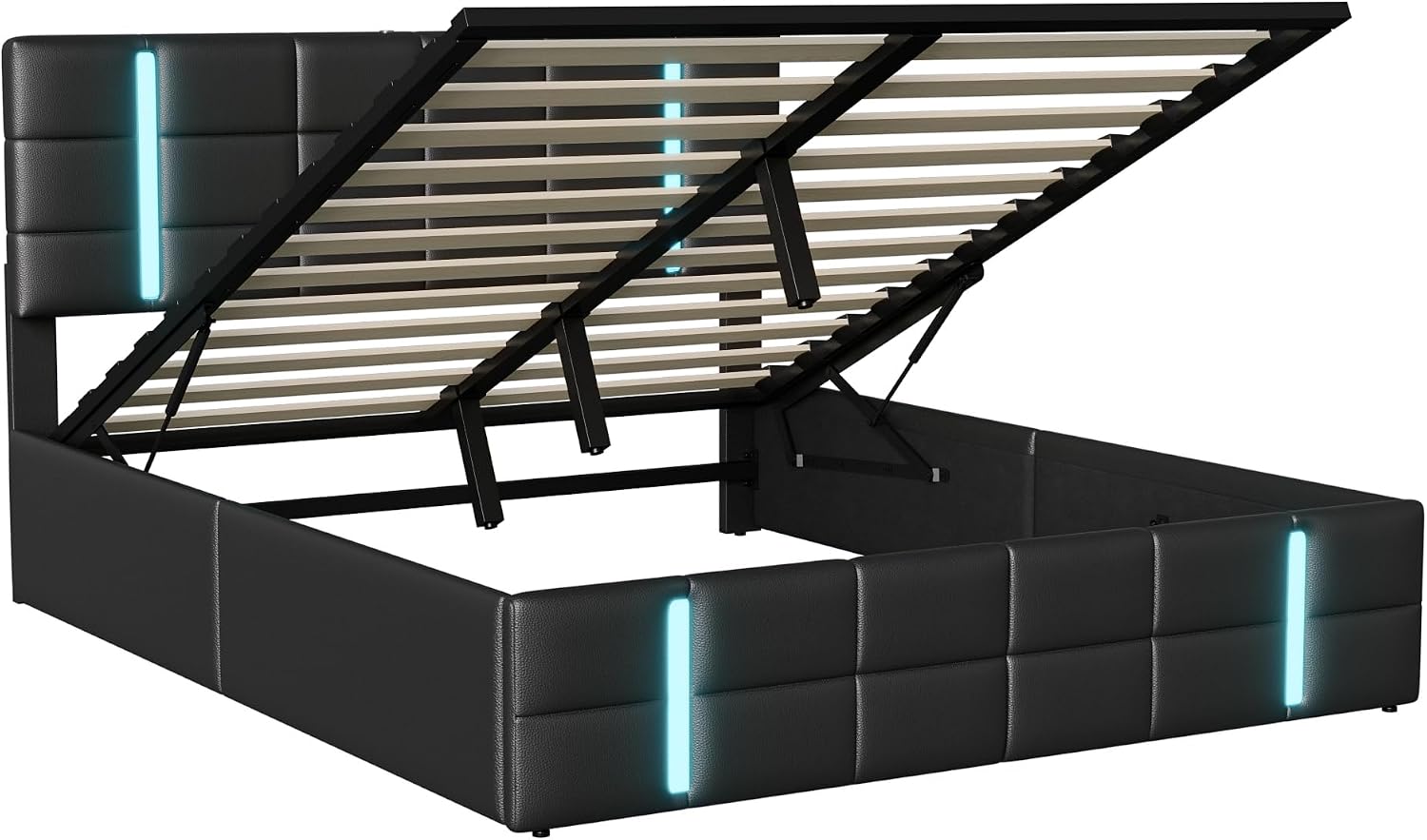 Lit Coffre LED RGB & Port USB | Rangement Hydraulique | Tête de Lit Rembourrée avec Étagères | 90 à 160 x 200 cm