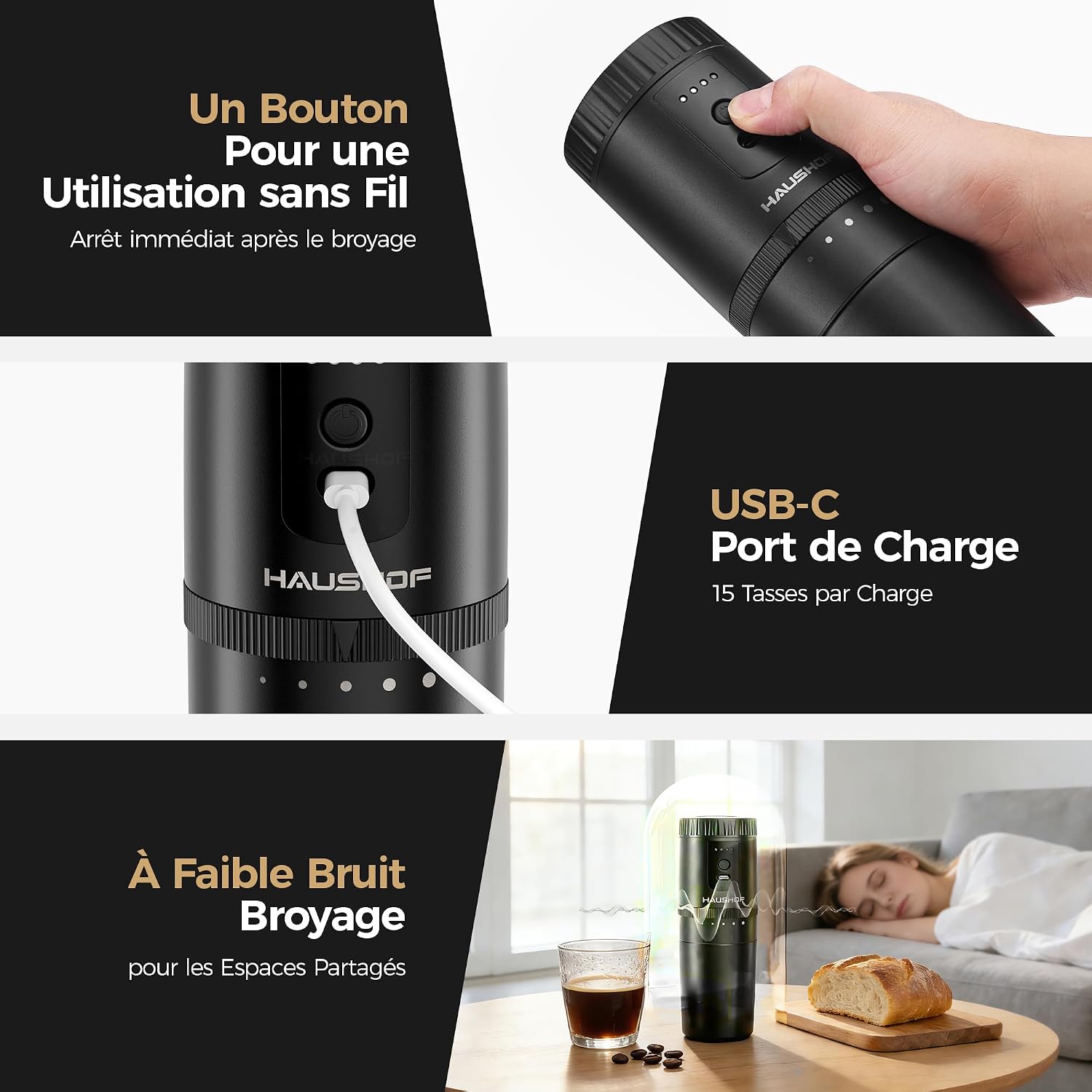 HAUSHOF Draagbare alles-in-één koffiezetapparaat met geïntegreerde molen, 5 maalinstellingen, USB-C oplaadbaar, 300 ml, ideaal voor reizen en kamperen, zwart
